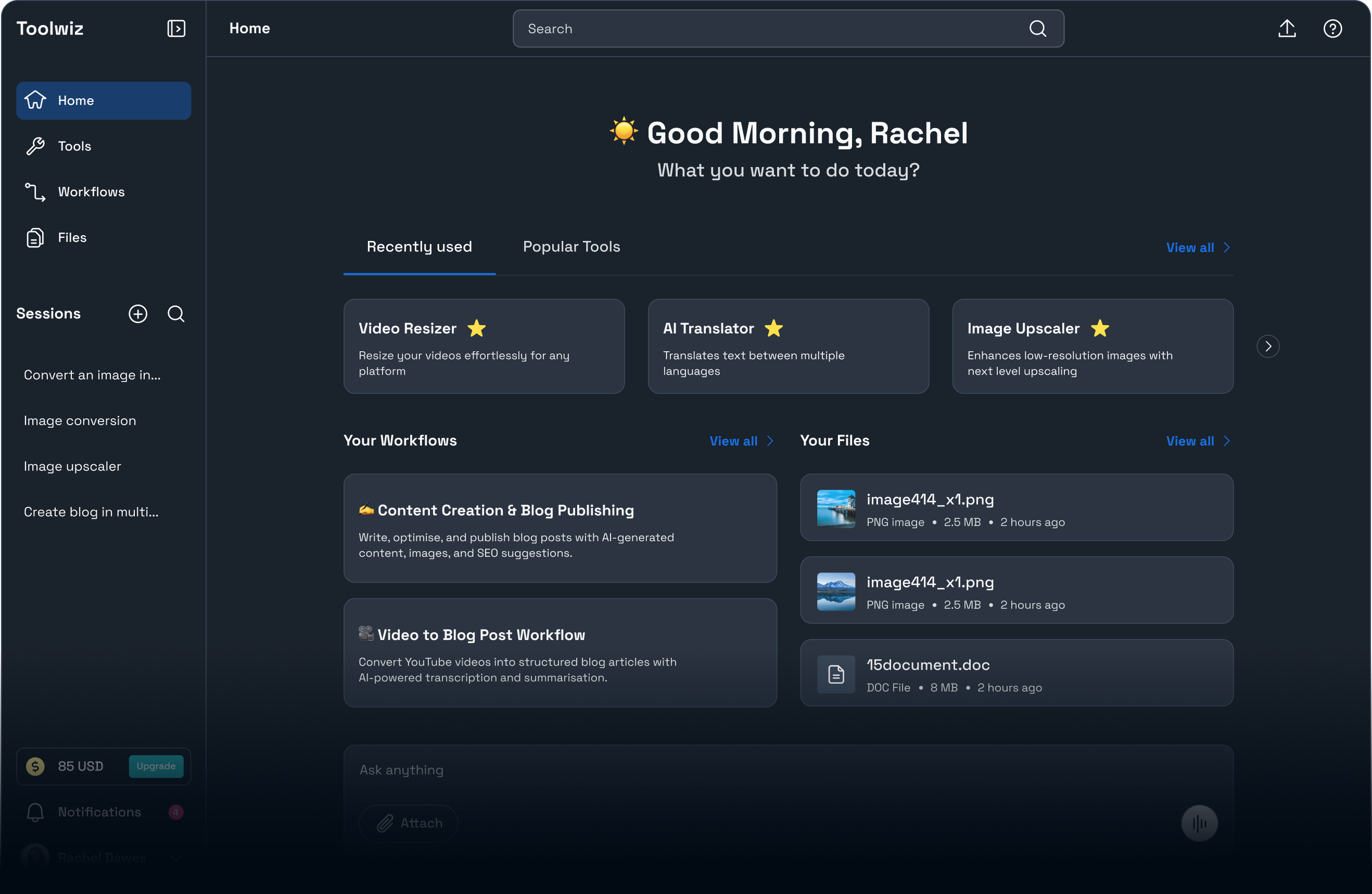 Toolwiz AI workflow automation dashboard
